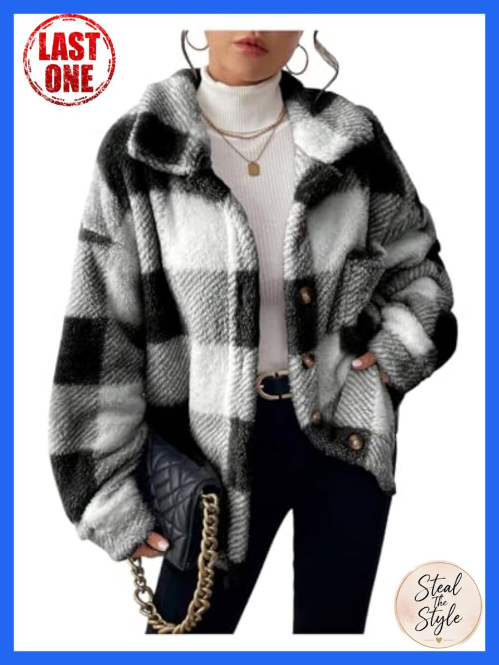 Plaid Fuzzy Fleece Jacket Oversized Button Collar Coat